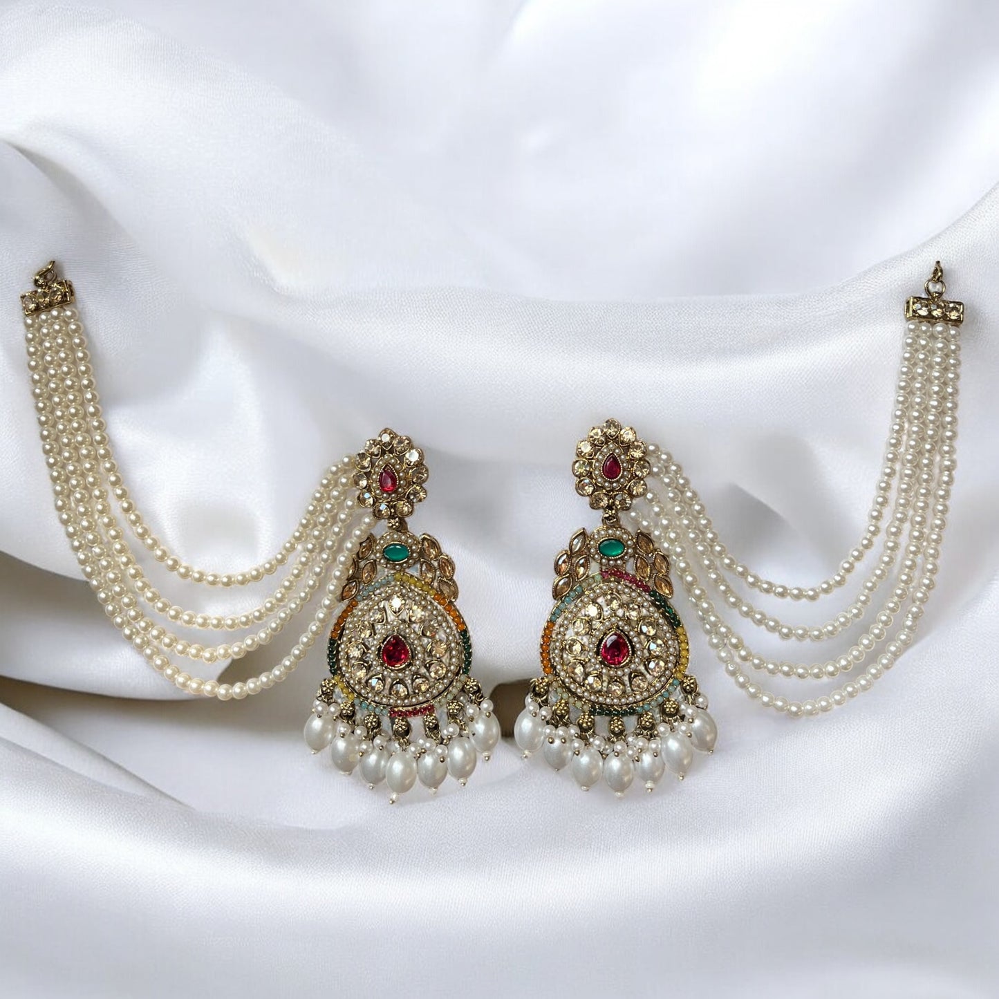 Multi colour Sanjana Jadau Earrings with Kaanchain and Maangtikka