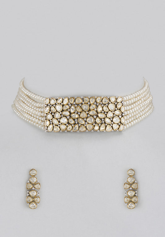 Raima Gold Finish Kundan Polki & Pearl Choker Necklace Set