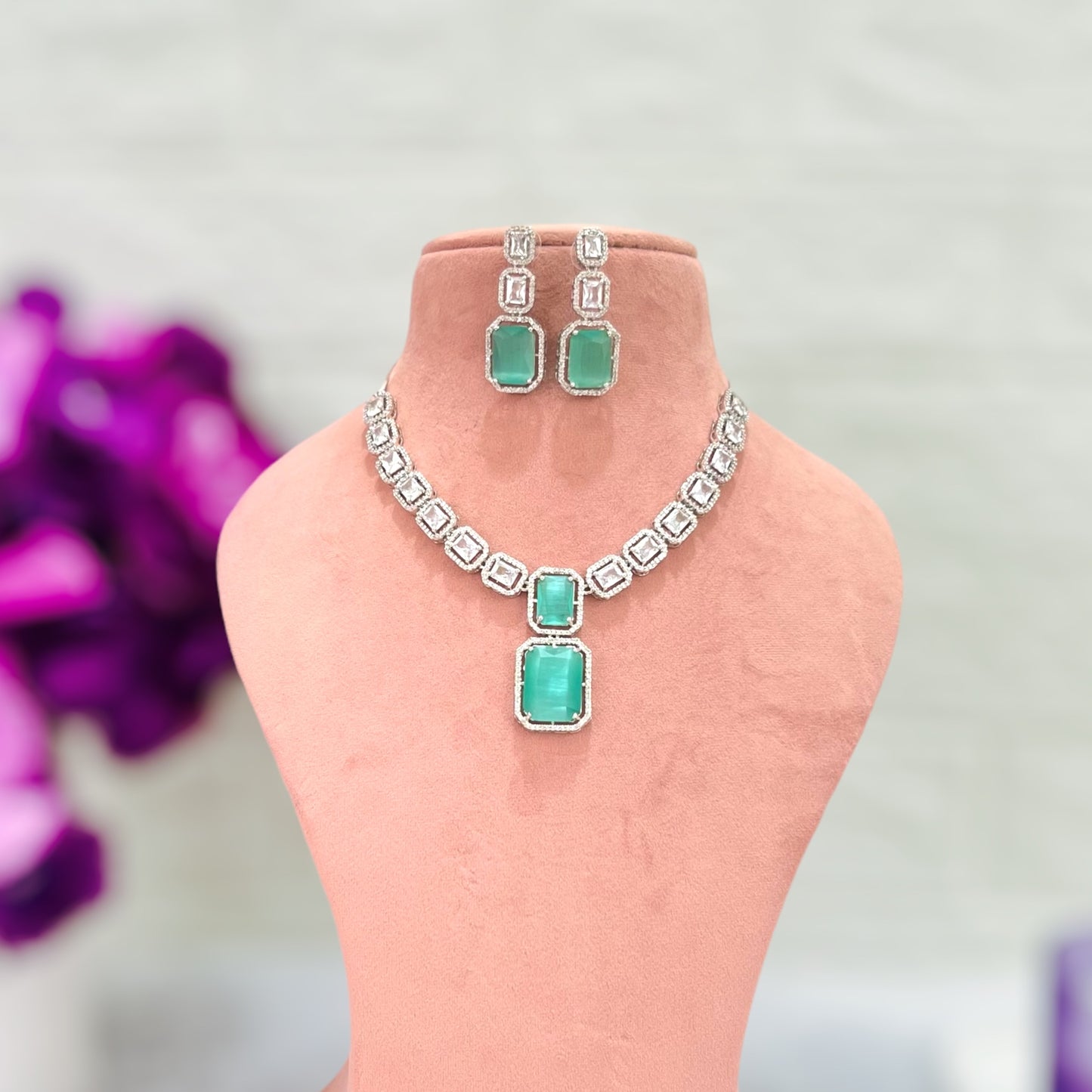 Emerald Green Lily American Diamond Jewellery Set