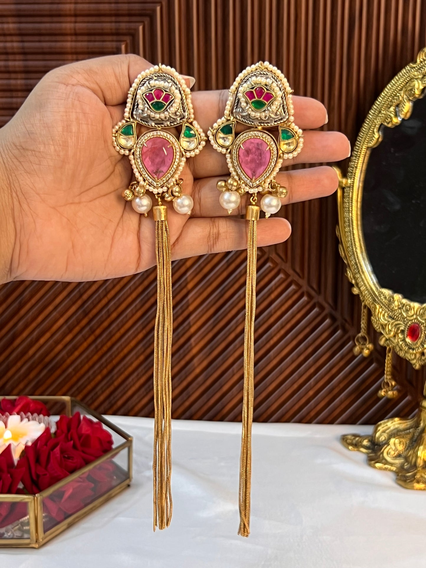 Alia 18k Gold Plated Kashmiri Dejhoor Earrings with Doublet Stone