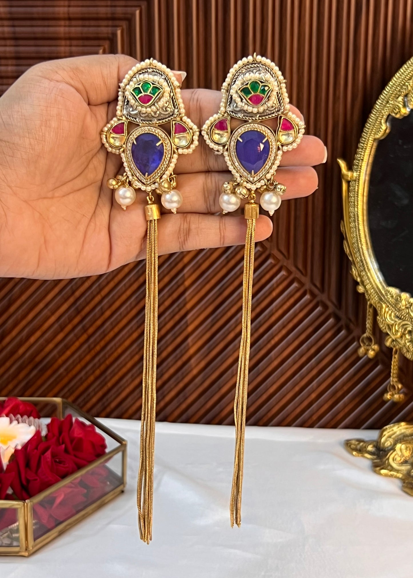 Alia 18k Gold Plated Kashmiri Dejhoor Earrings with Doublet Stone