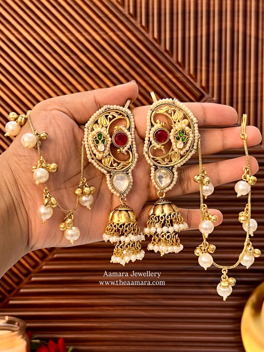 Devika Gold Plated Fusion Kanphool Jhumkas with Kaanchain