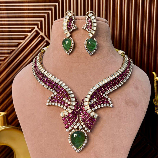 Raima Ruby Mint Doublet and American Diamonds studded Jewellery Set