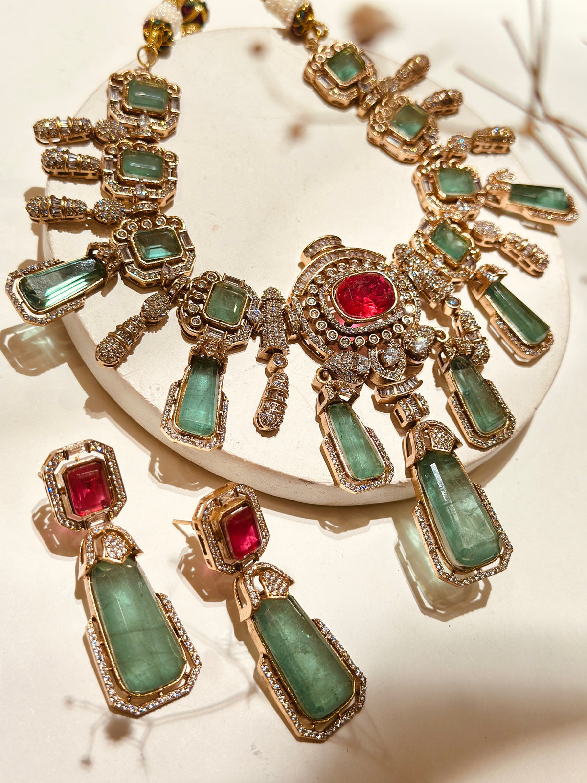 Sunaina Mint & Ruby Doublet and American Diamonds studded Jewellery Set