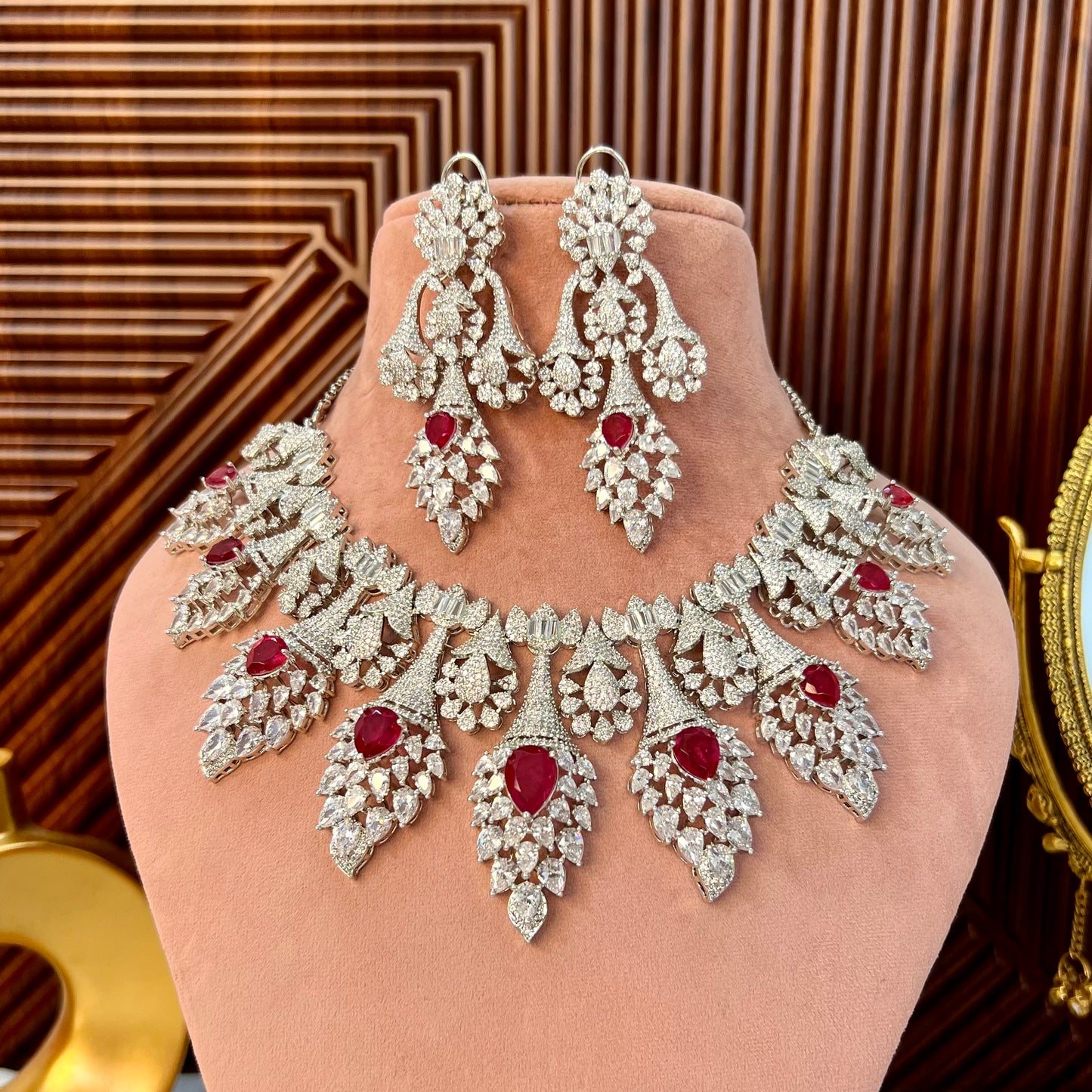 Ruby Aisha American Diamond Jewellery Set with maangtikka