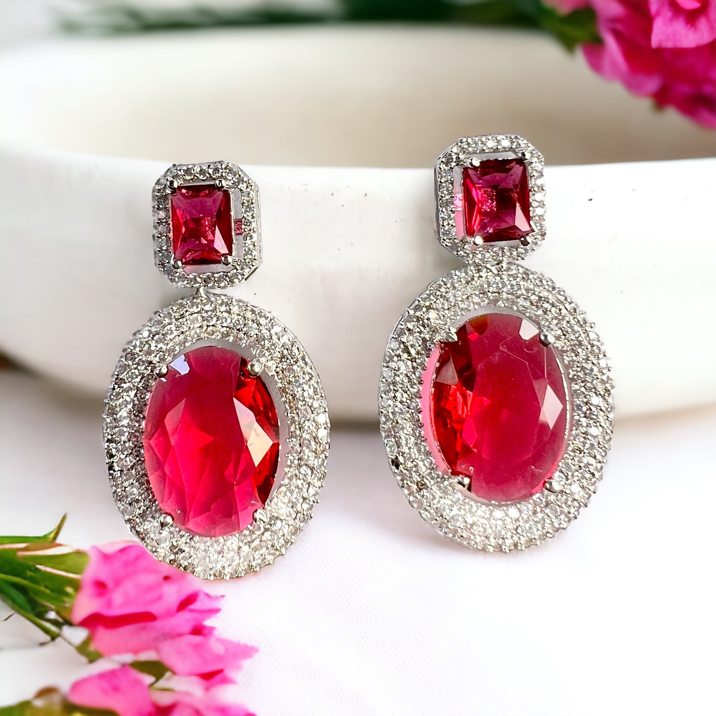 Aamara Elena American Diamond Earrings (Red)