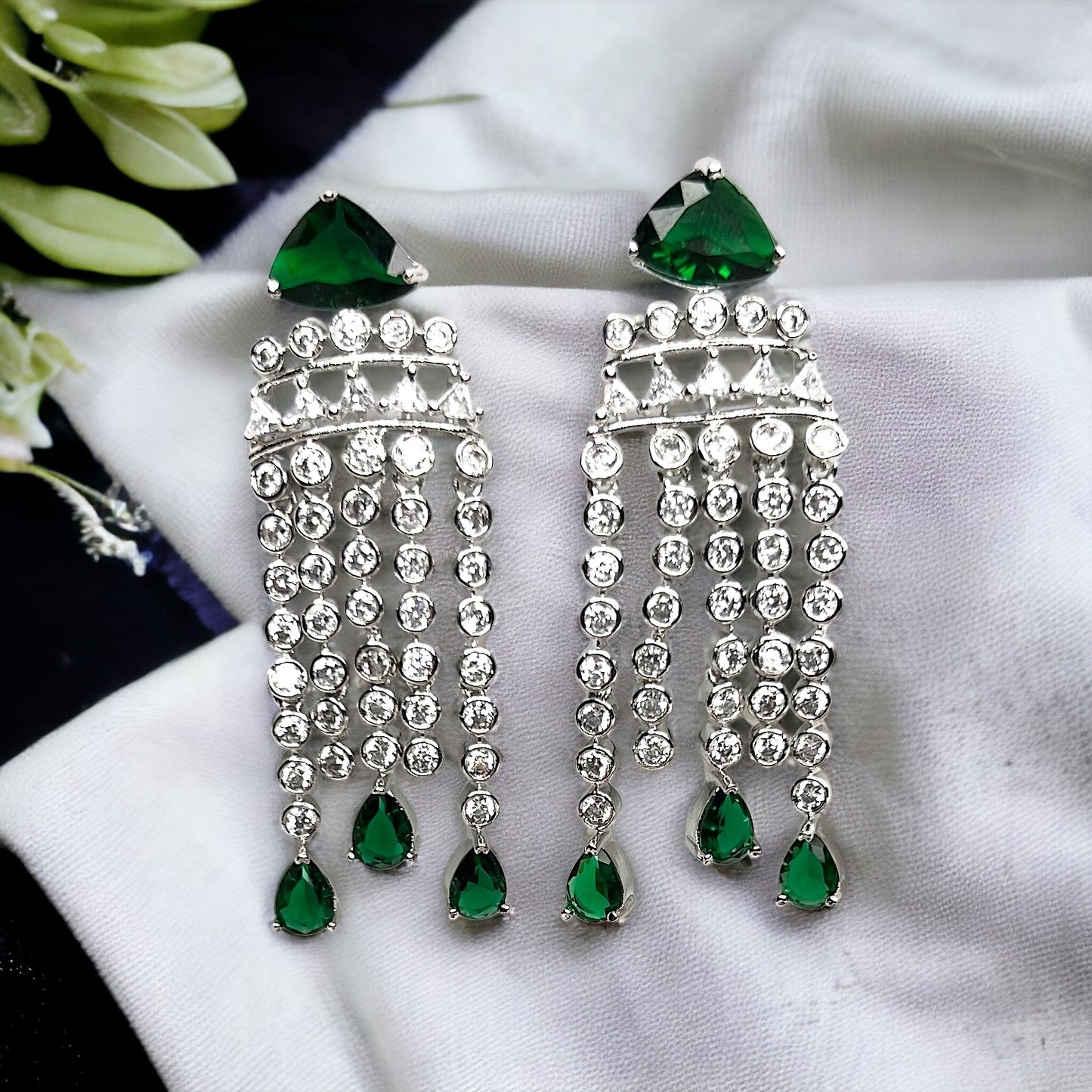 Aamara Liz American Diamond Earrings (Emerald Green)