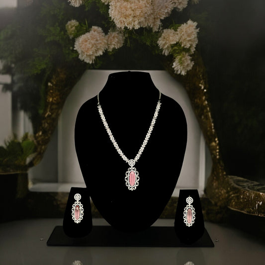 Victoria American Diamond Necklace with Earrings (Blush Pink)