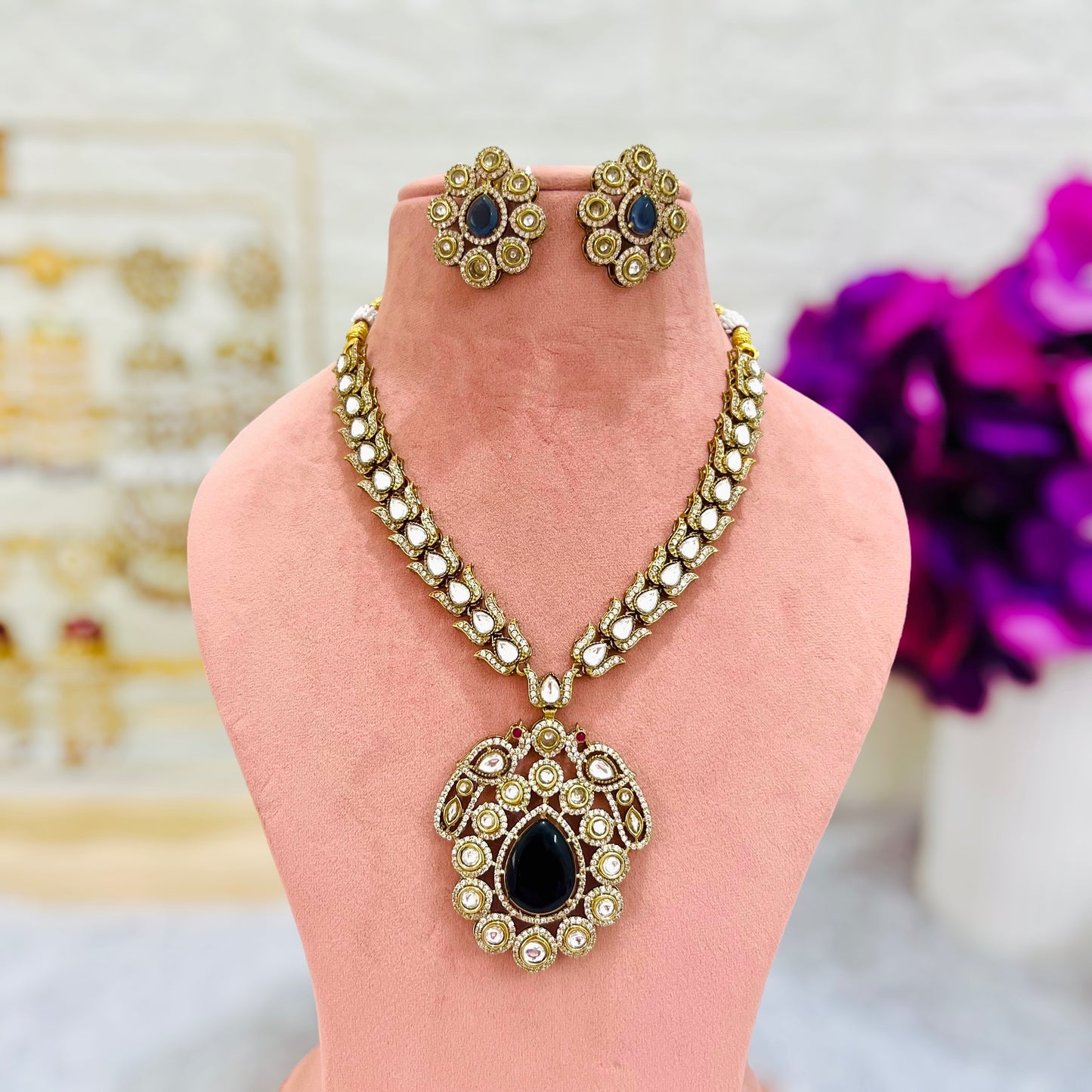 Royal Blue Mayuri Kundan American Diamonds Studded Jewellery set