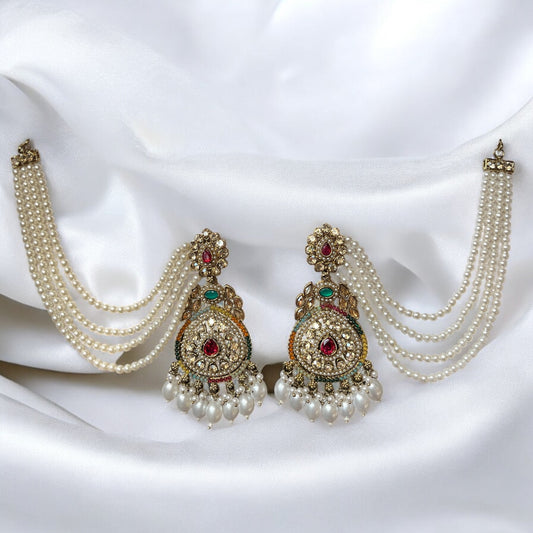 Multi colour Sanjana Jadau Earrings with Kaanchain and Maangtikka