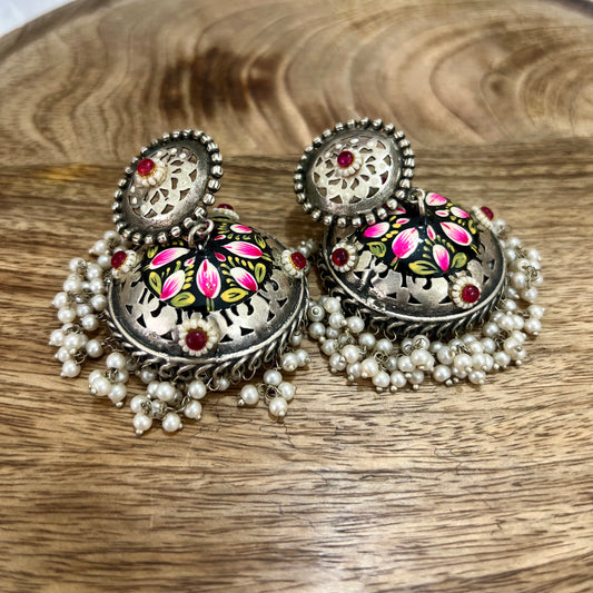 Black Pink Meenakari Silver Look Alike Jhumka