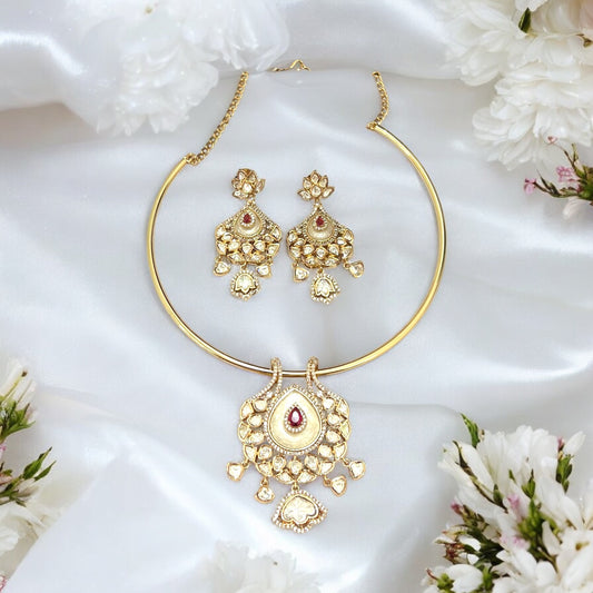 Ruby Red Aarya Gold Plated Moissanite Hasli Jewellery set