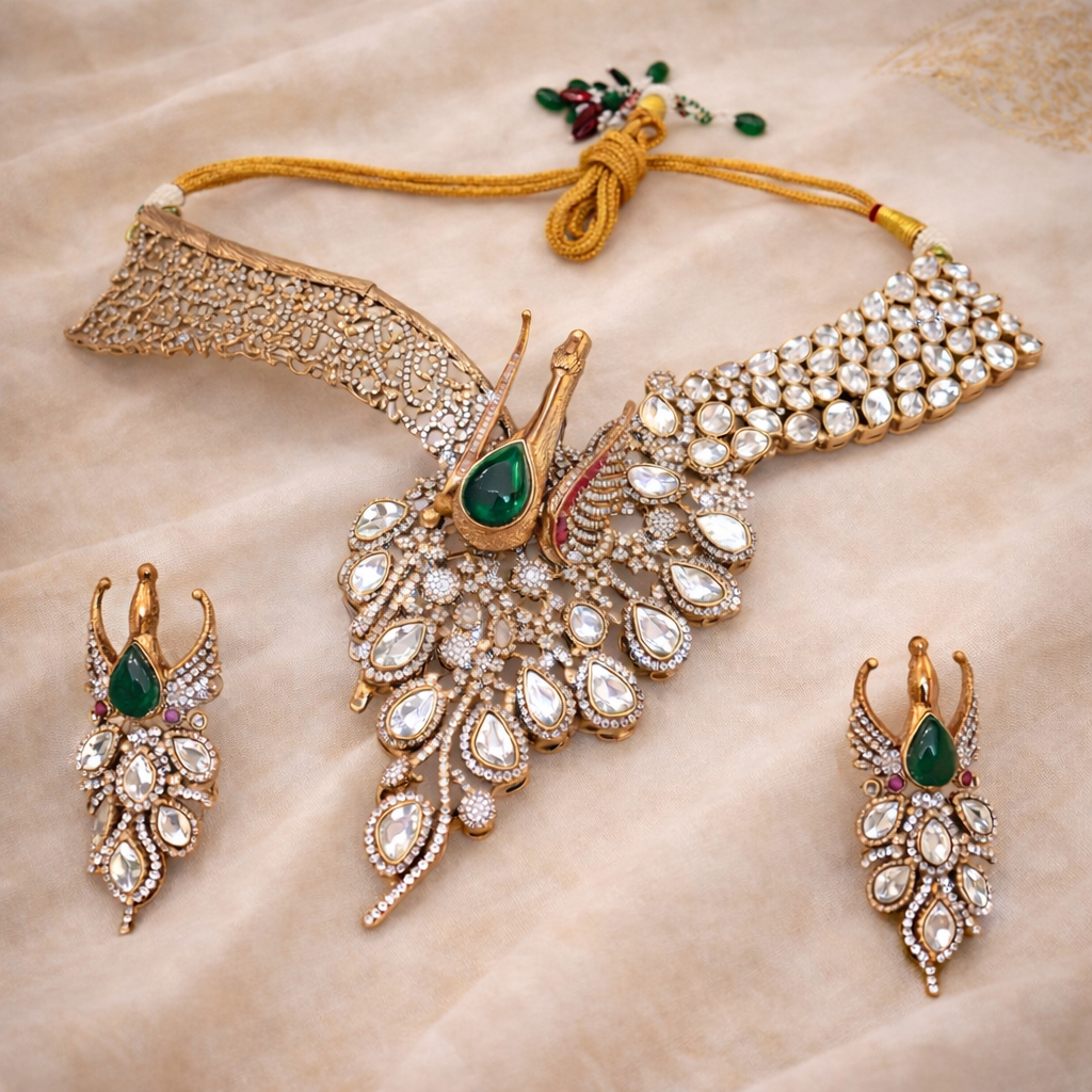Peacock Antique Gold Plated Moissanite Jewellery Set