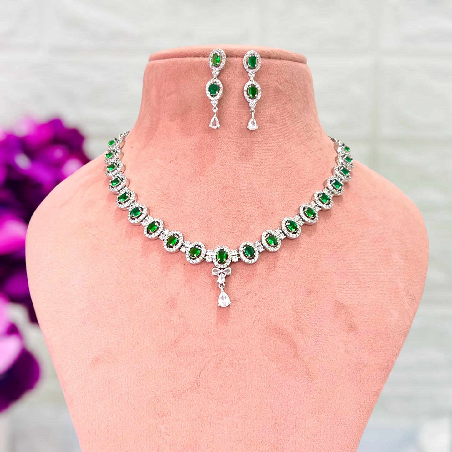 Emerald Green Lily American Diamond Jewellery Set