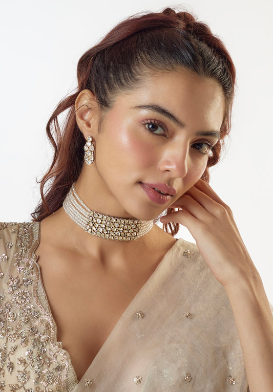 Raima Gold Finish Kundan Polki & Pearl Choker Necklace Set