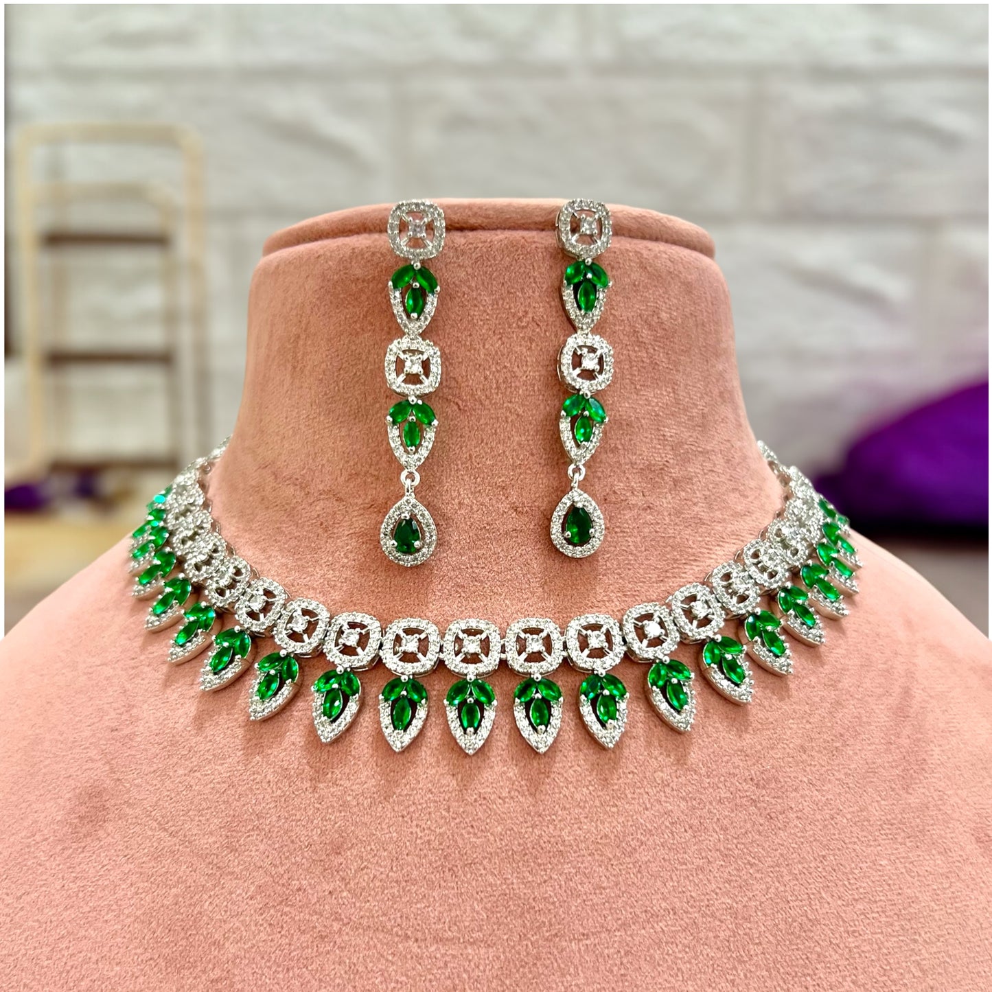 Aamara Lively American Diamond Necklace Set (Green)