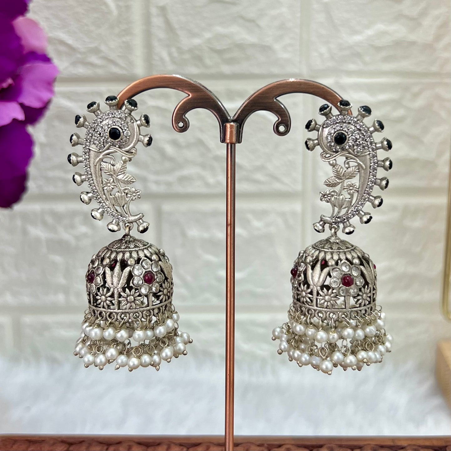 Anjali Silver Look Alike American Diamonds Studded Jhumkas