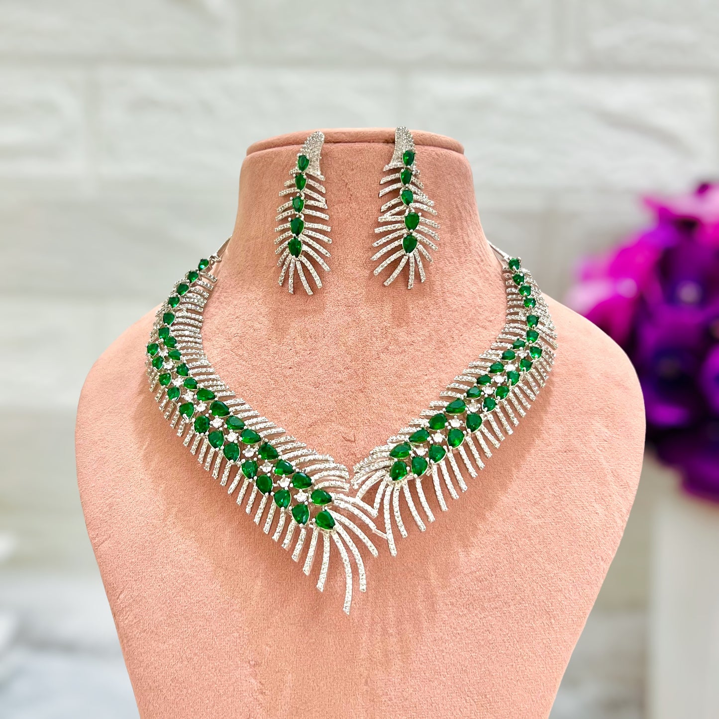 Emerald Green Nora American Diamond Jewellery set