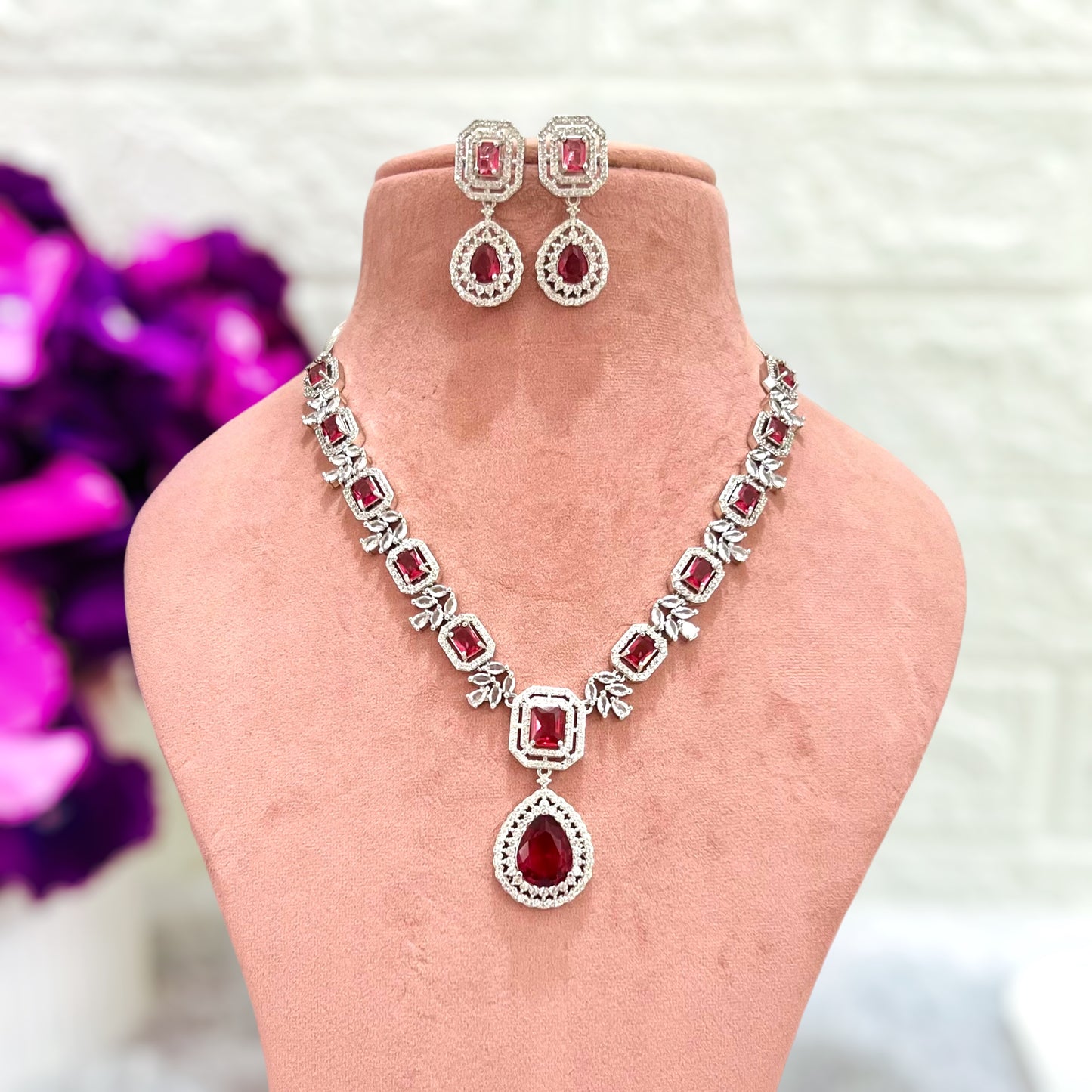 Wine Red Serena American Diamond Jewellery set