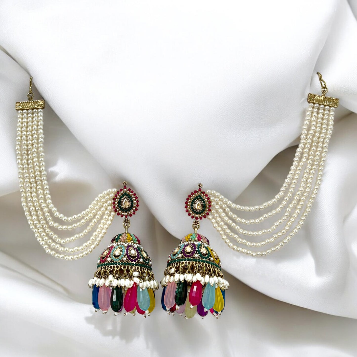 Multi Color Aarohi Jadau Jhumkis with Kaanchain