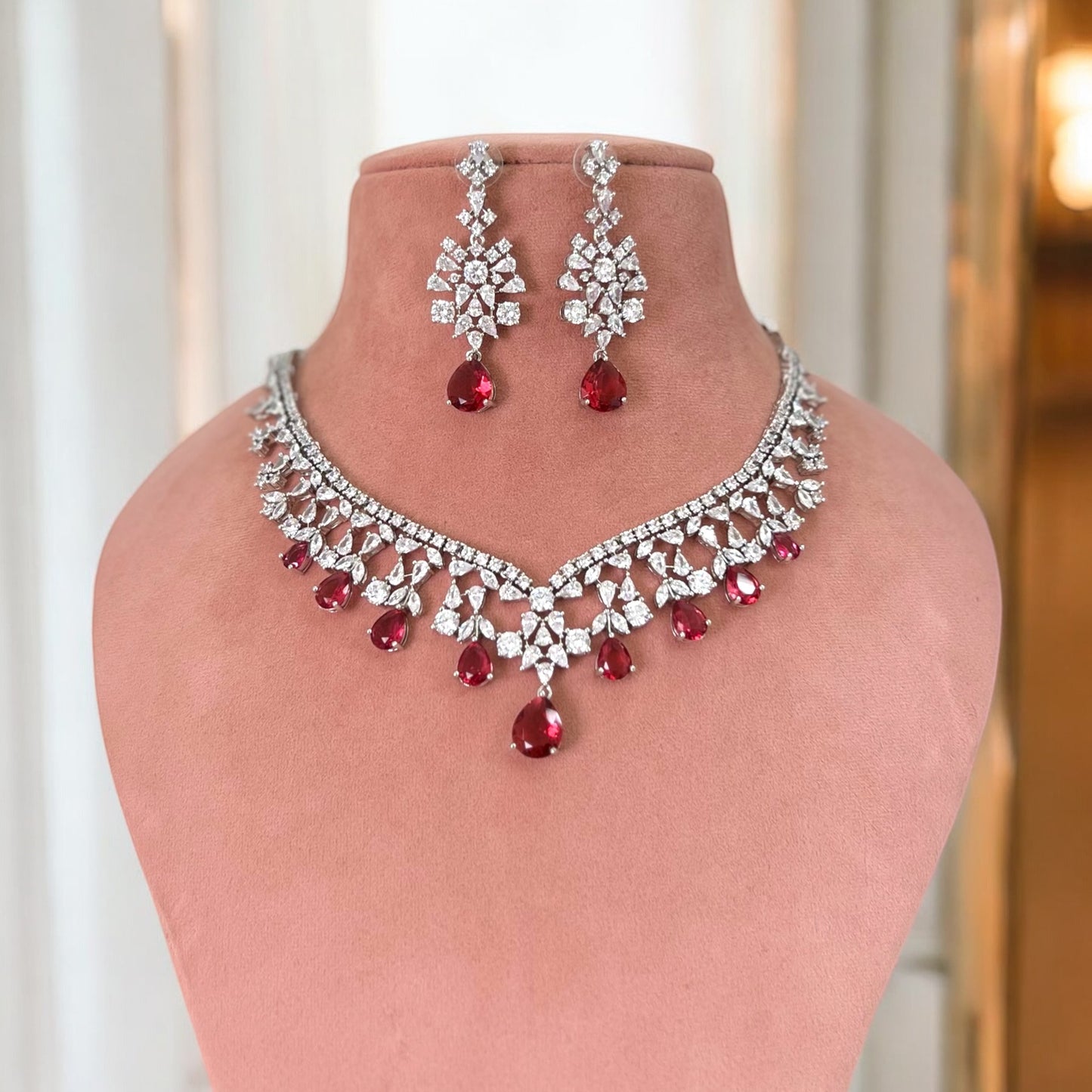 Ruby Red Aditi American Diamond Jewellery Set