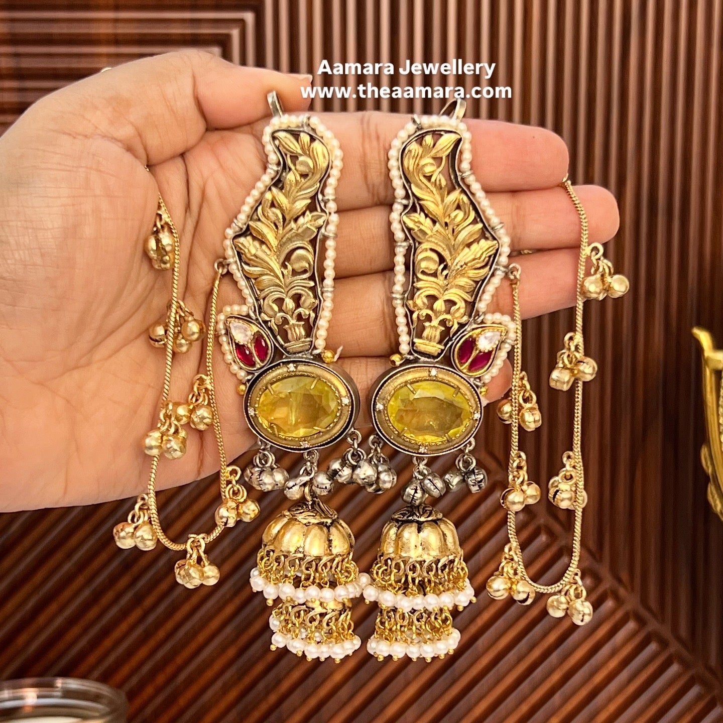 Paroo Gold Plated Ear cuff Jhumkas with Ear Chain