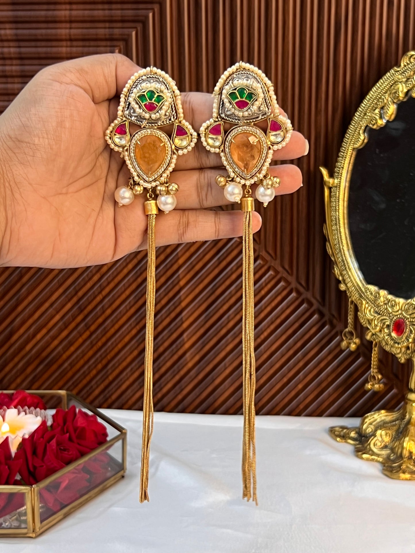 Alia 18k Gold Plated Kashmiri Dejhoor Earrings with Doublet Stone