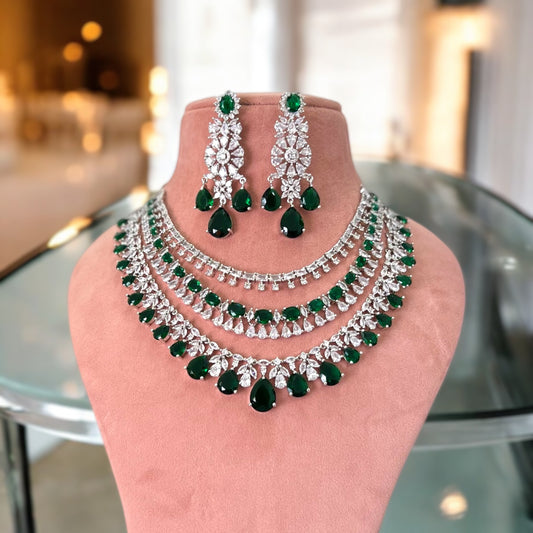 Emerald Green Radhika Triple Layer American Diamond Jewellery Set