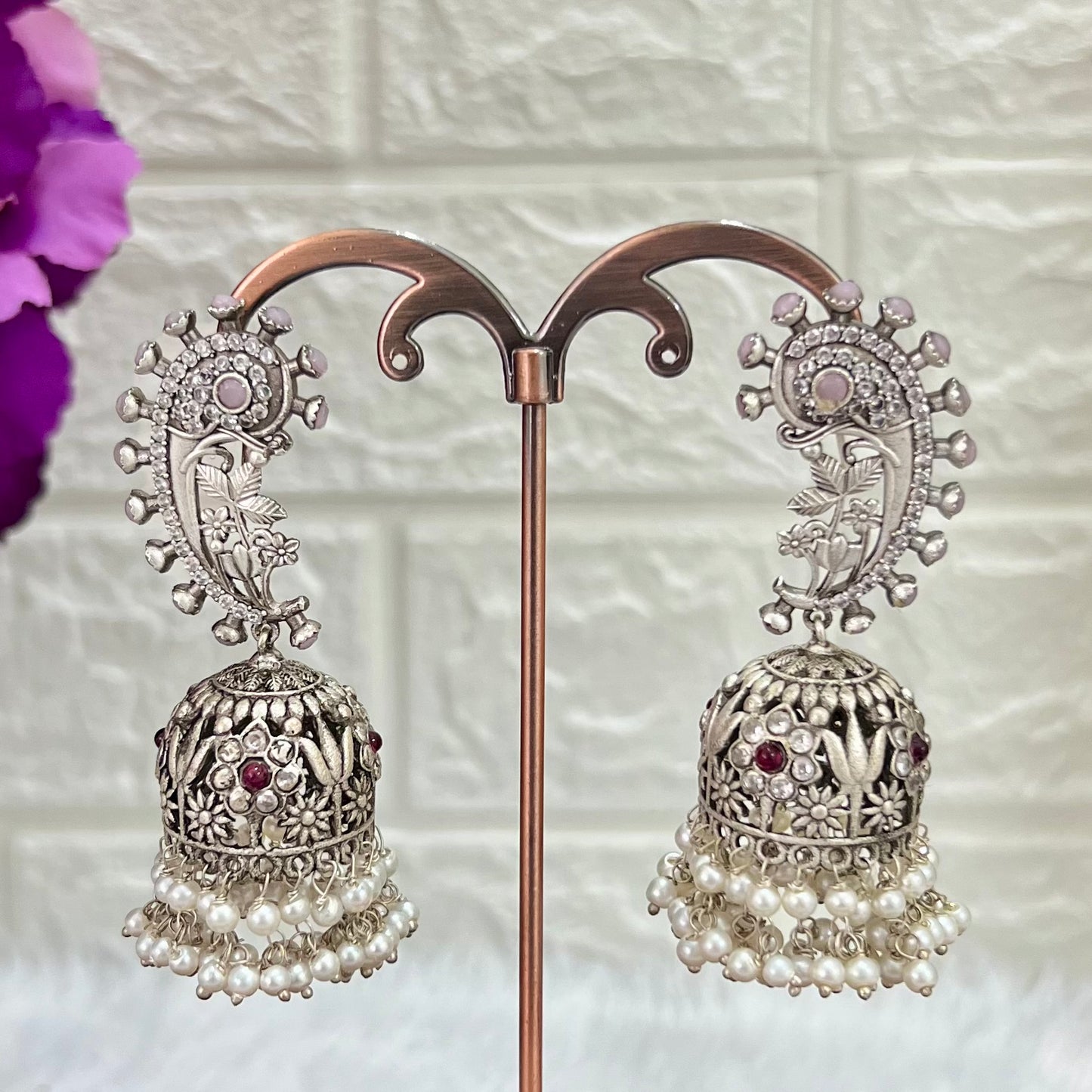 Anjali Silver Look Alike American Diamonds Studded Jhumkas