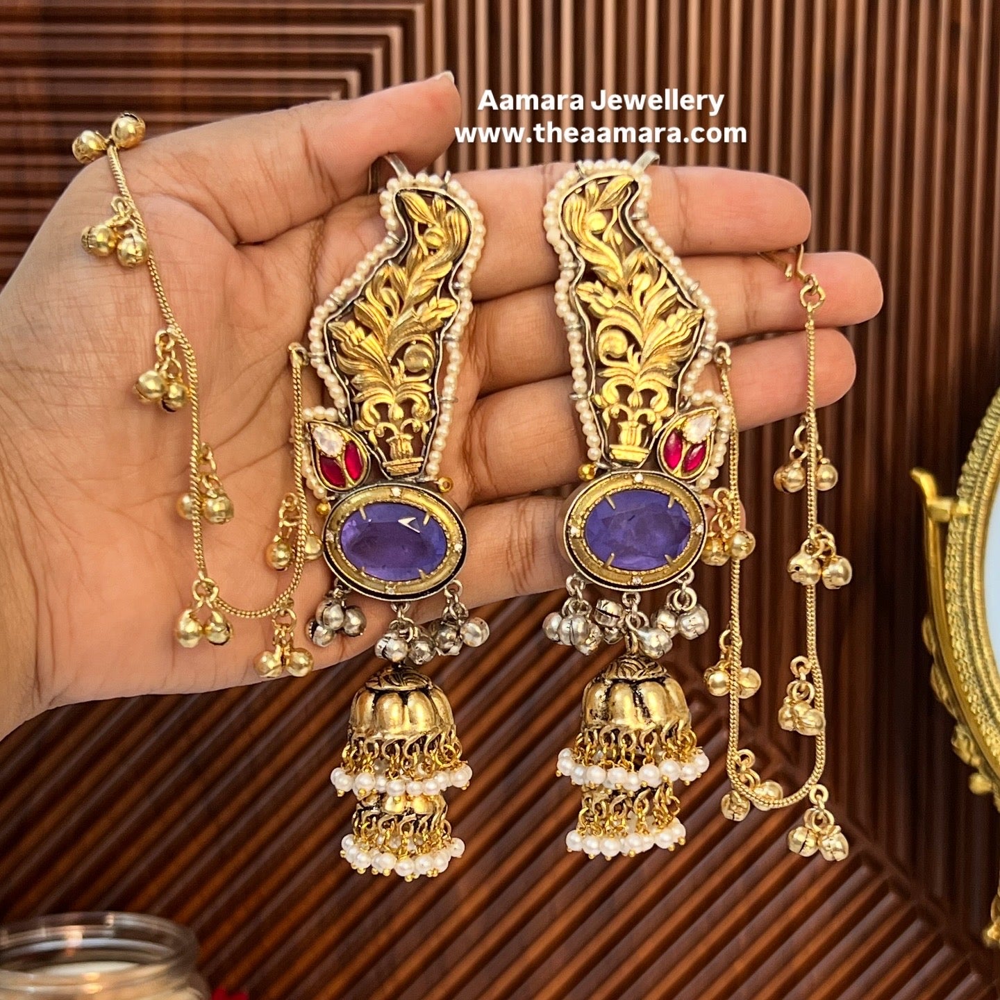 Paroo Gold Plated Ear cuff Jhumkas with Ear Chain