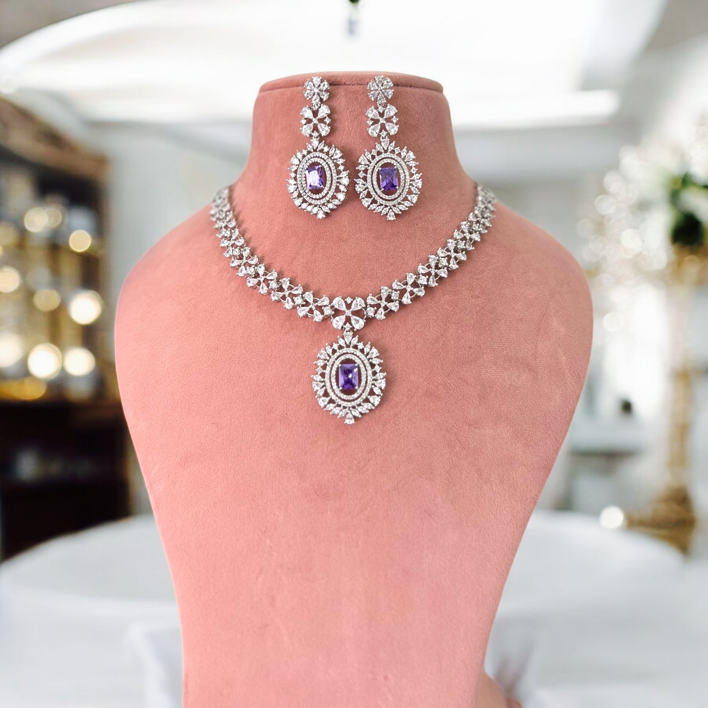 Purple Jahnavi American Diamond Jewellery Set