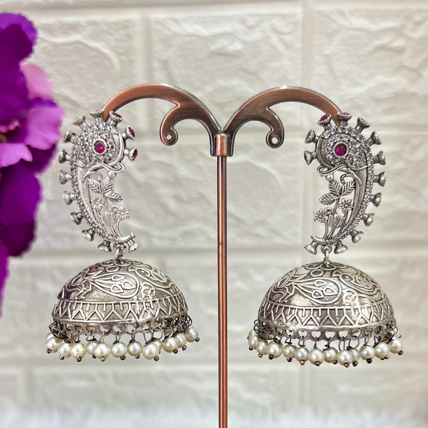 Anjali Silver Look Alike American Diamonds Studded Jhumkas