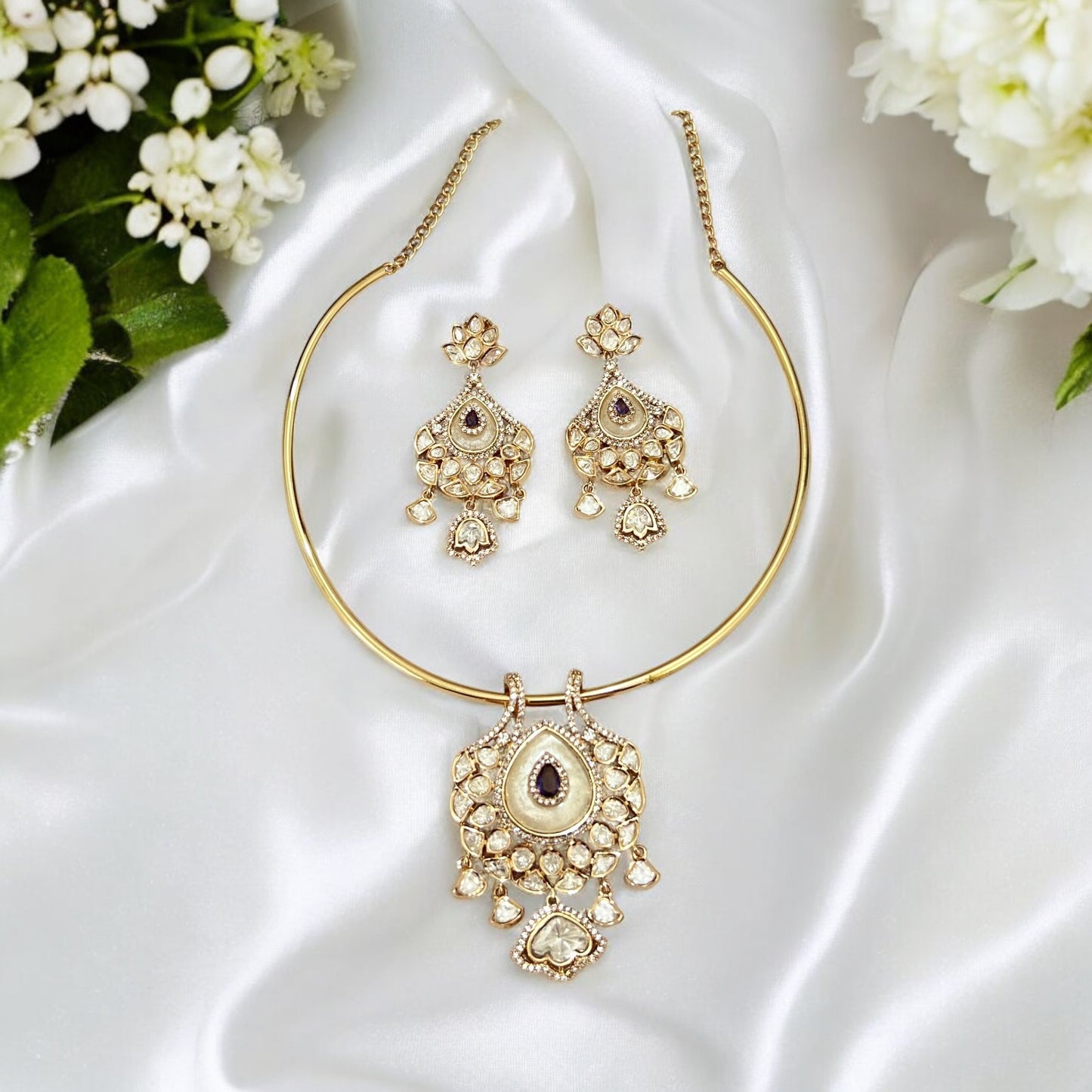 Purple Aarya Gold Plated Moissanite Hasli Jewellery set