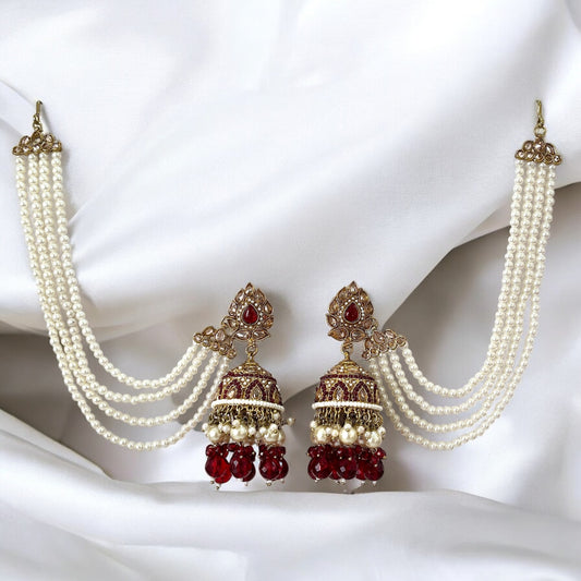 Maroon Trina Jadau Jhumkis with Kaanchain and Maangtikka