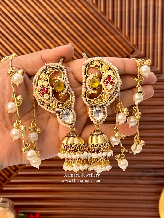 Devika Gold Plated Fusion Kanphool Jhumkas with Kaanchain