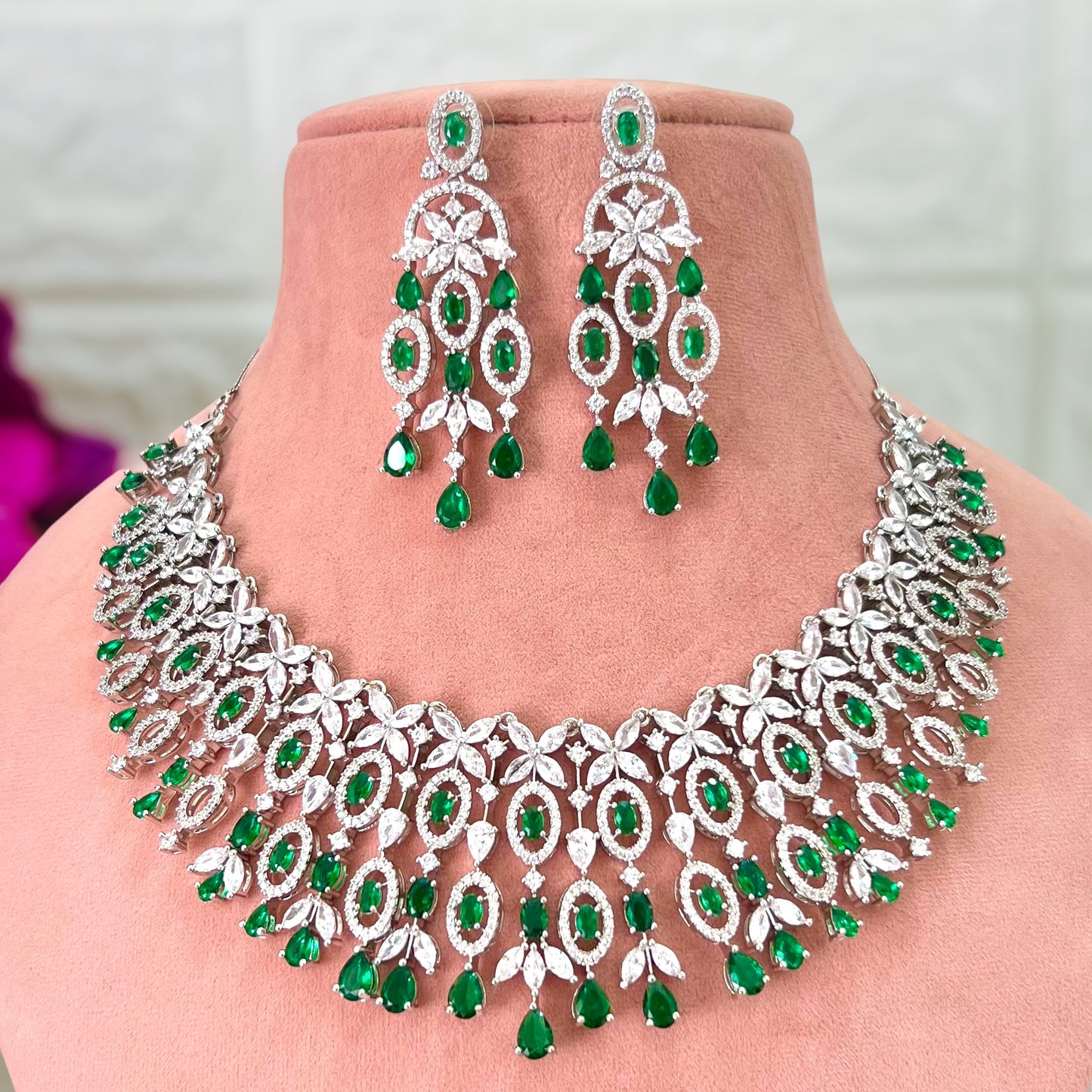 Emerald green Alia American Diamond Jewellery Set