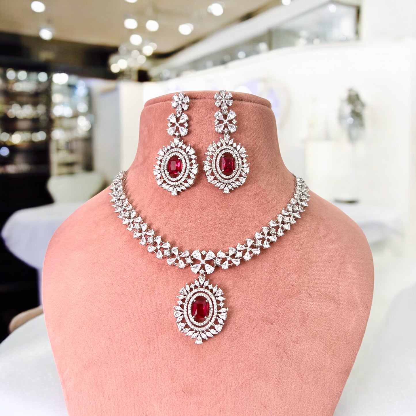 Ruby Red Jahnavi American Diamond Jewellery Set