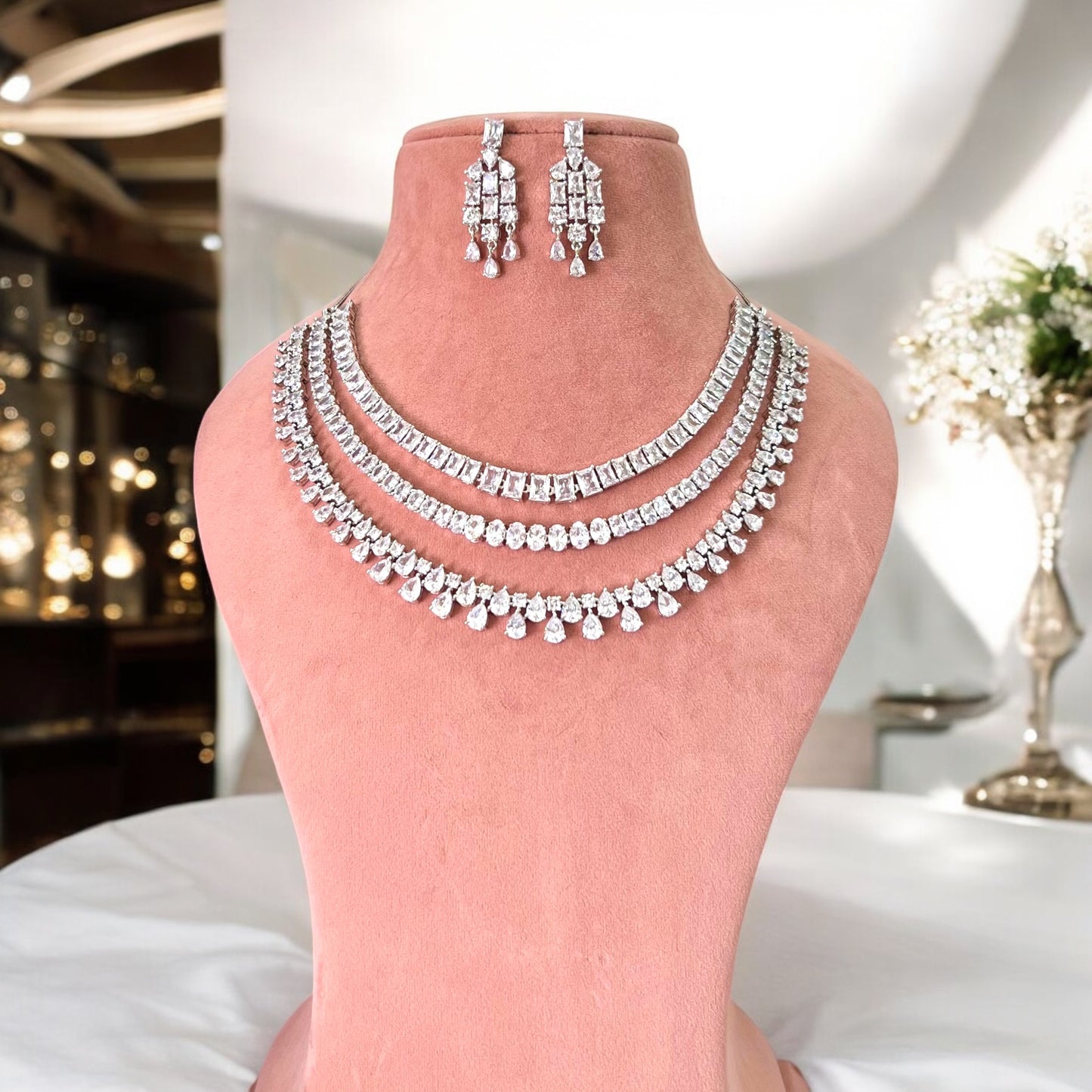 Radhika Triple Layer American Diamond Jewellery Set