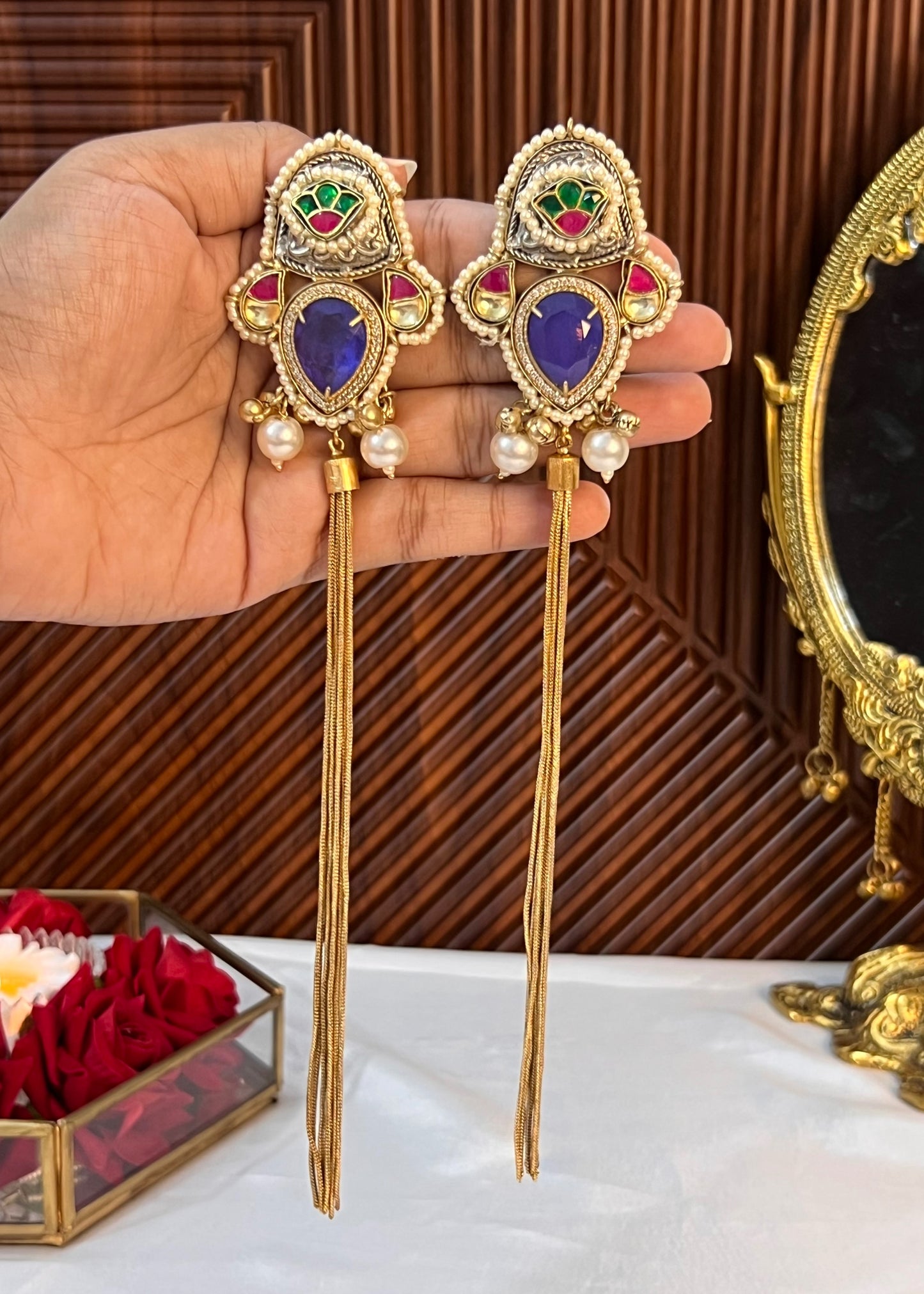 Alia 18k Gold Plated Kashmiri Dejhoor Earrings with Doublet Stone