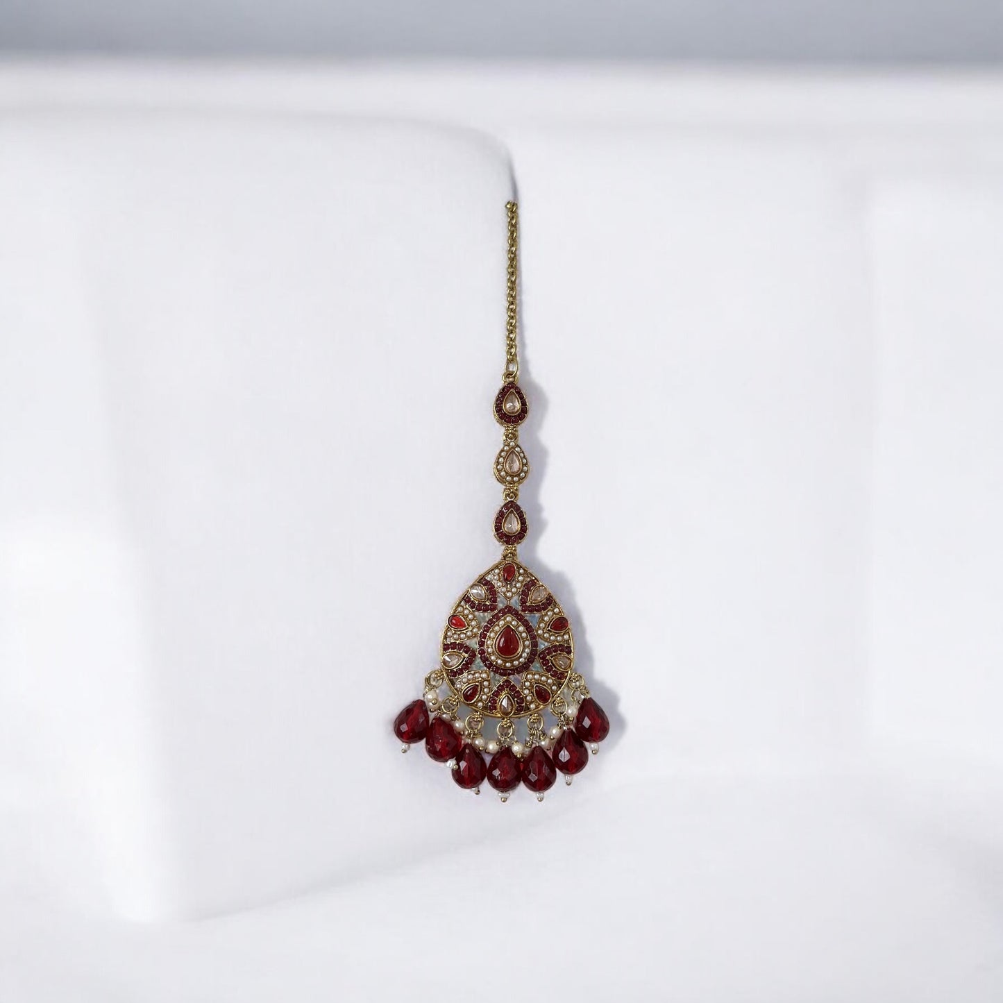 Maroon Trina Jadau Jhumkis with Kaanchain and Maangtikka