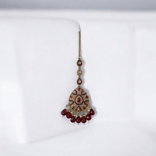 Maroon Trina Jadau Jhumkis with Kaanchain and Maangtikka