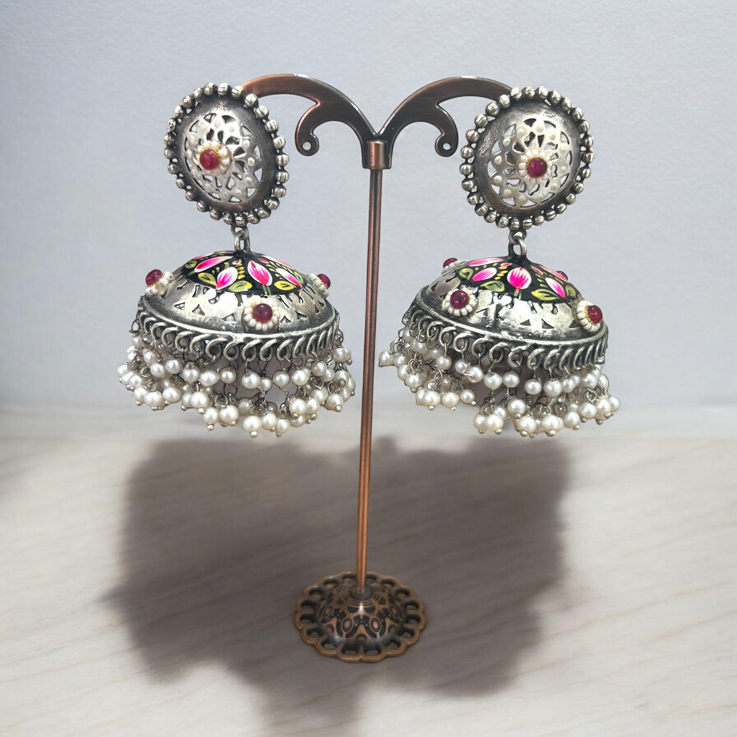 Black Pink Meenakari Silver Look Alike Jhumka