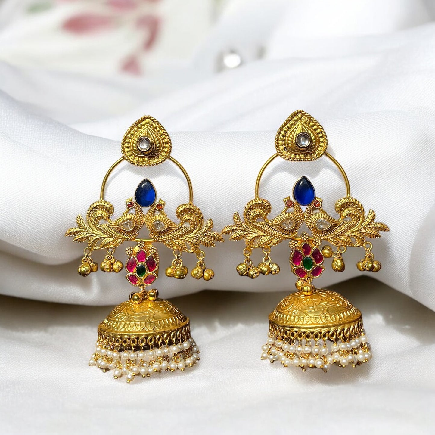 Peacock Fusion Golden Jhumkis