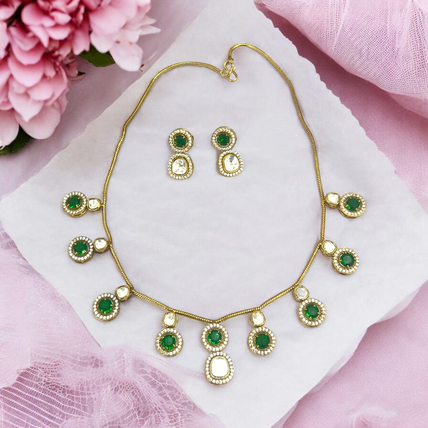 Emerald Green Radhika Moissanite Kundan Jewellery set