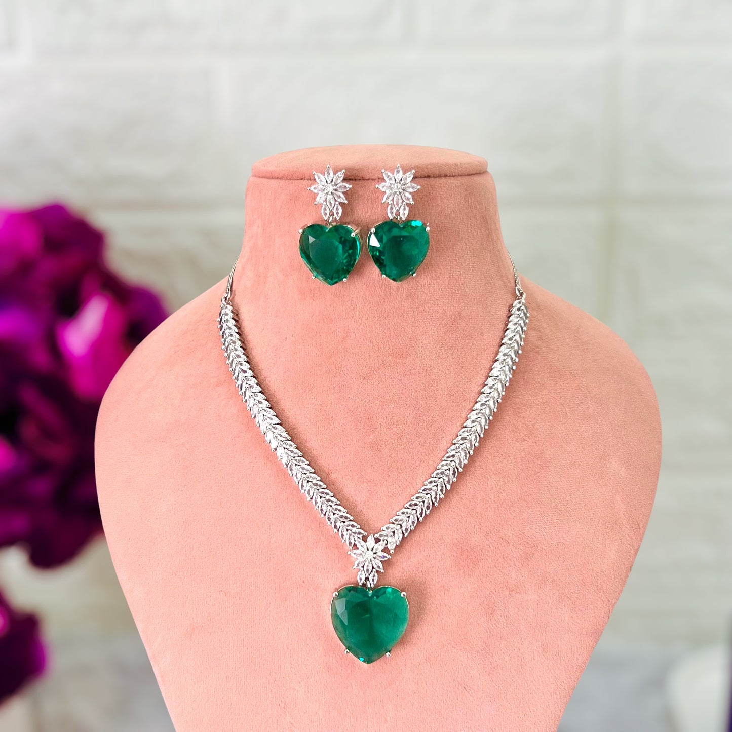 Sea Green Heart American Diamond Jewellery Set