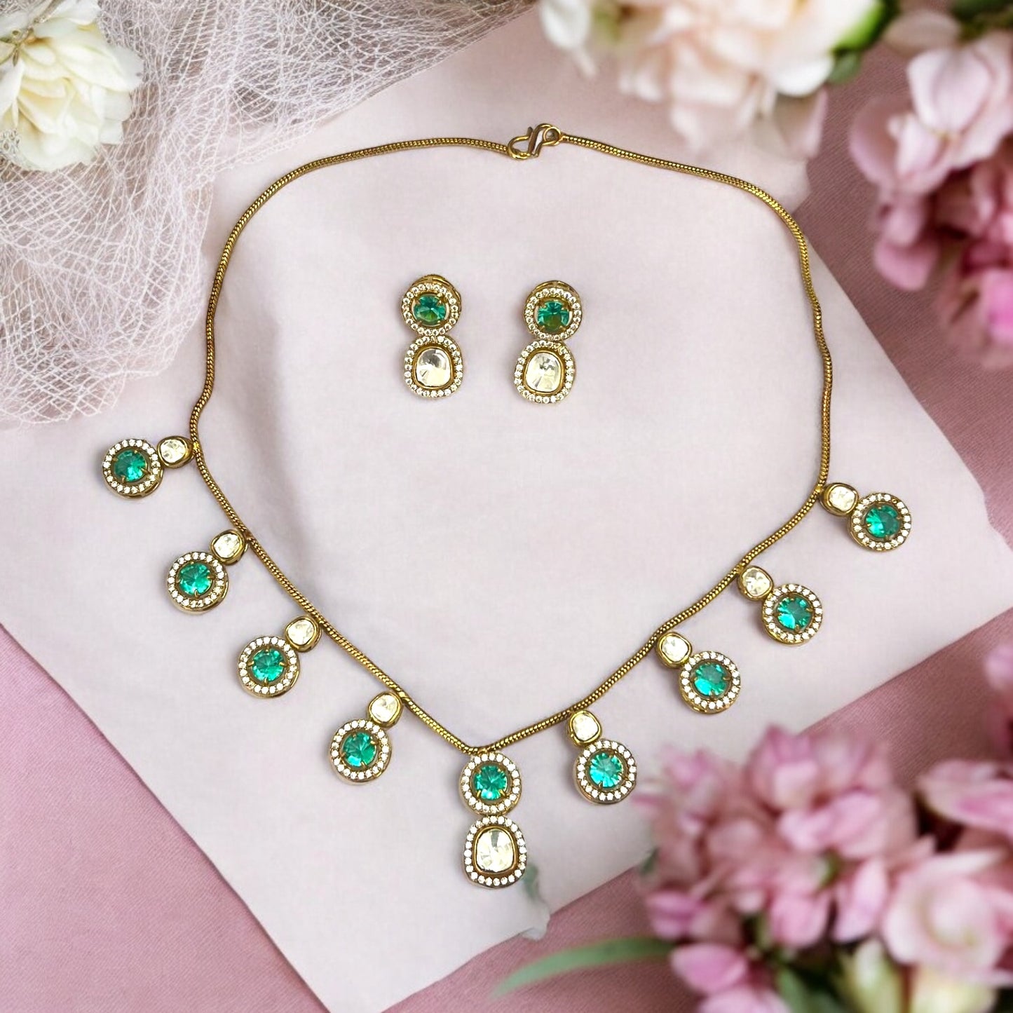 Sea Green Radhika Moissanite Kundan Jewellery set