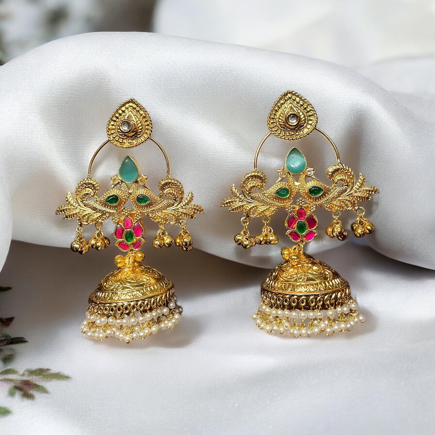 Peacock Fusion Golden Jhumkis