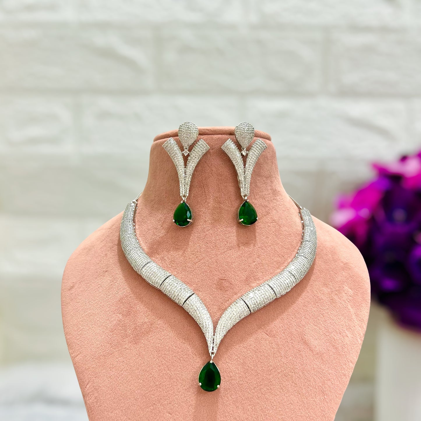 Emerald Green Grace American Diamond Jewellery set