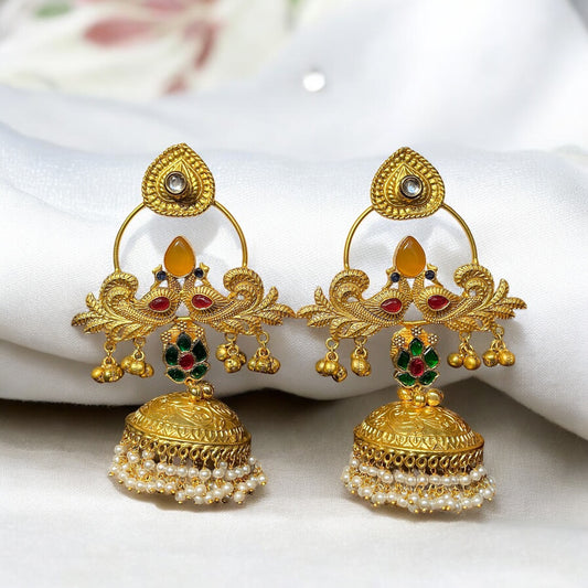 Peacock Fusion Golden Jhumkis