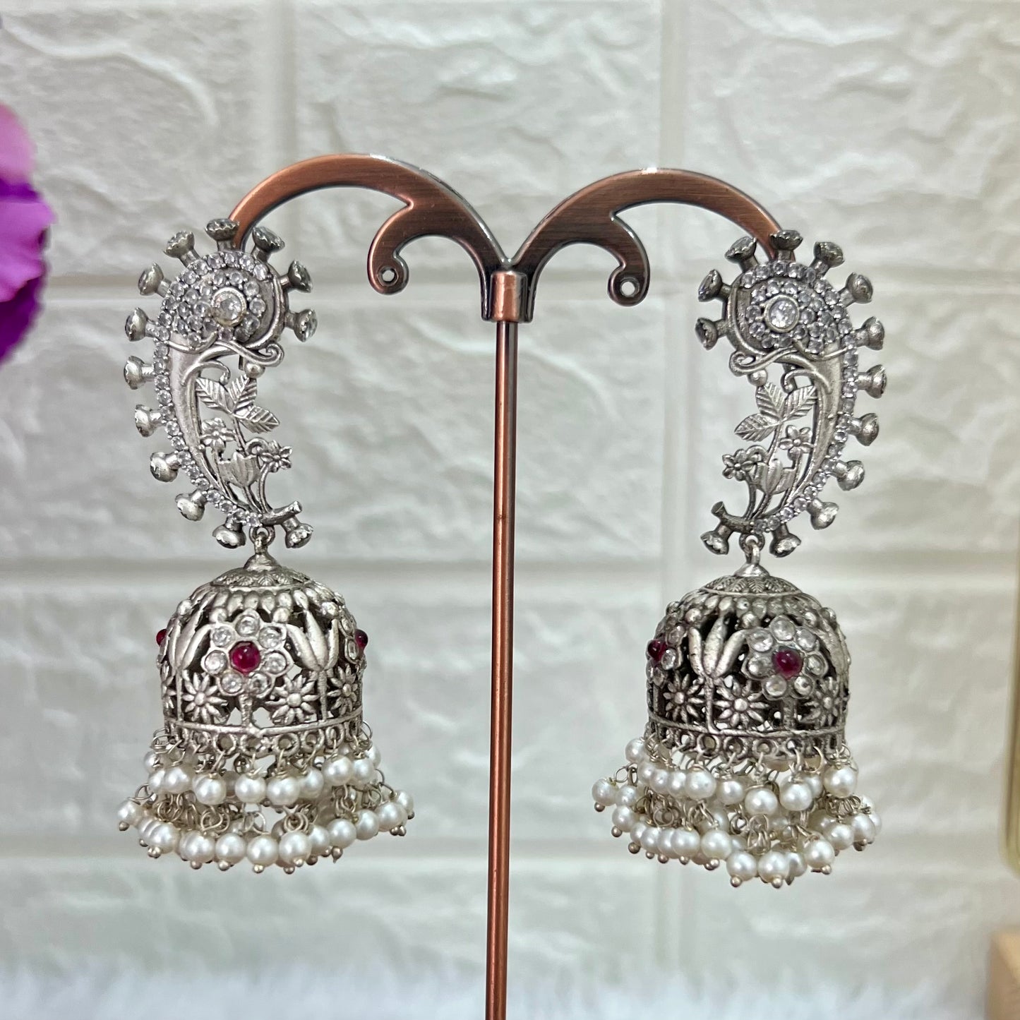 Anjali Silver Look Alike American Diamonds Studded Jhumkas